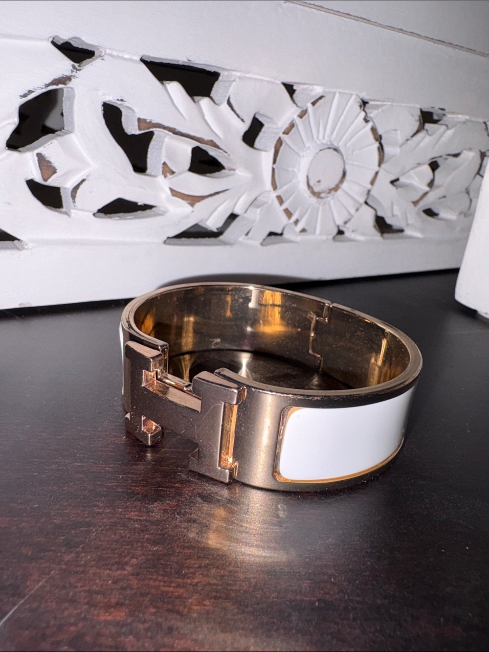 Hermes Gold & White Hinge Cuff Bracelet